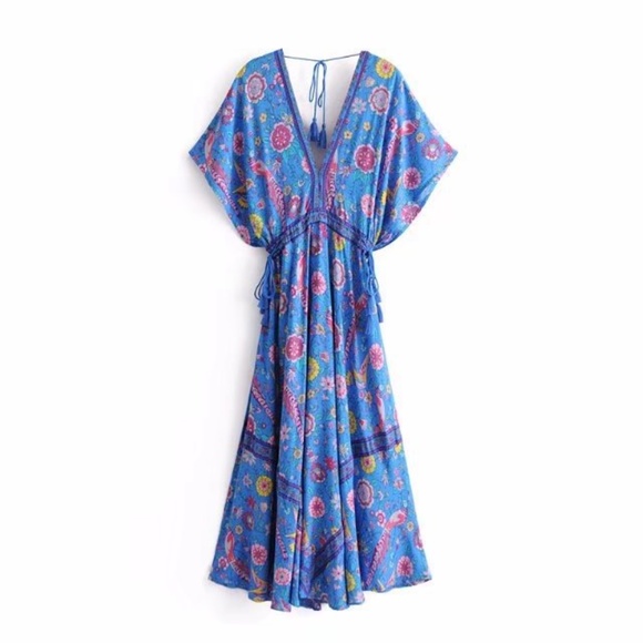 blue floral print boho v neck tassel maxi Dress - Picture 3 of 6